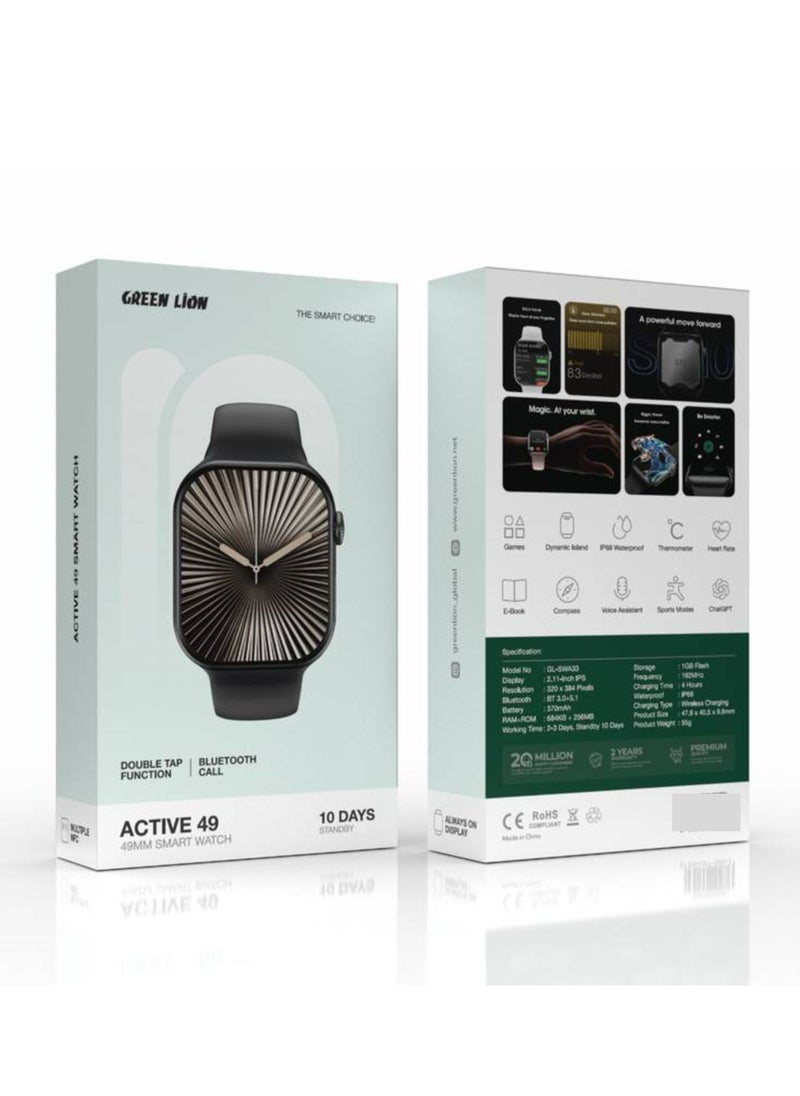 Active 10 49mm Smart Watch with Voice Assistant, Bluetooth Calling, Double Tap Function, Heart Rate Monitoring, 3 Hours Charging Time, 2-3 Days Working Time, Chat GPT - Black