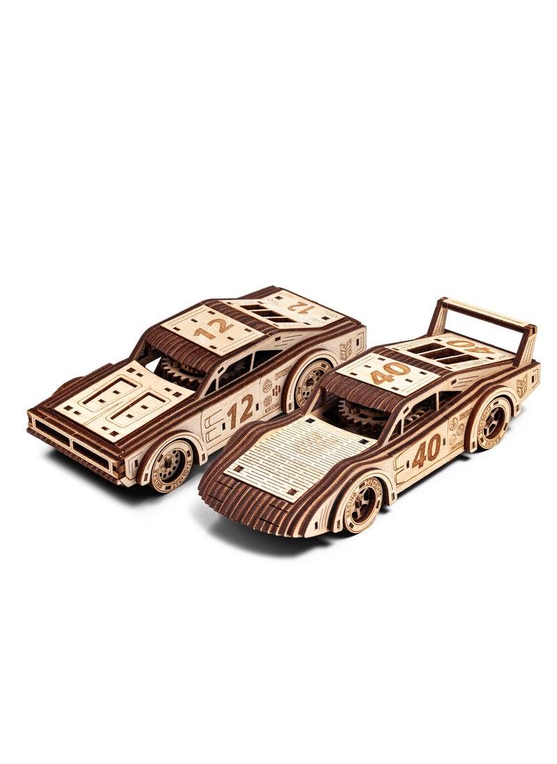 Wooden 3D Puzzle Sportcars 'Fury Road' with Motor (2 pcs) - Exciting DIY Model Kit for Racing Fans, Perfect for Creative Play and Unique Gift for All Ages