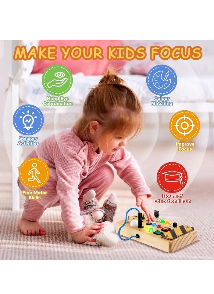 Montessori Wooden Busy Board. Durable Toddler Board Toy With 8 LED Light Switches, Lightweight And Portable Switch Control Board Toy, Early Education Sensory Toys For Boys Girls, (1pc)