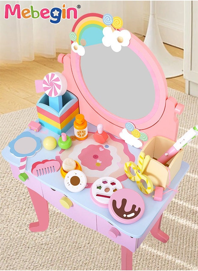 Kids Vanity Set,Table Chair Vanity Set with Mirror includes 10 pcs Multiple Make Up Accessories, Makeup Dressing Table with Storage Drawer, Pretend Play Vanity Set for Girls Birthday Gift,Pink