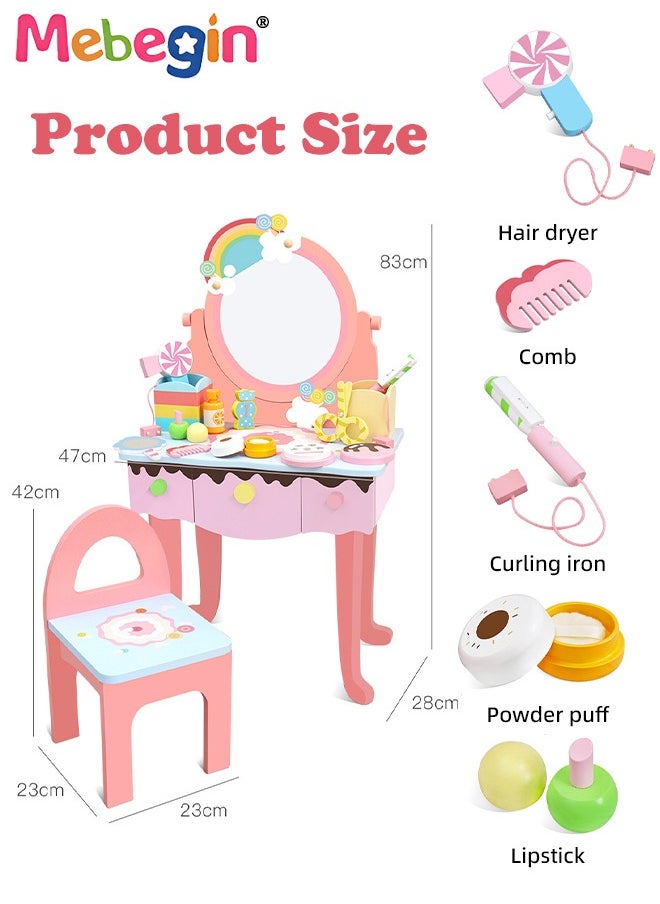 Kids Vanity Set,Table Chair Vanity Set with Mirror includes 10 pcs Multiple Make Up Accessories, Makeup Dressing Table with Storage Drawer, Pretend Play Vanity Set for Girls Birthday Gift,Pink