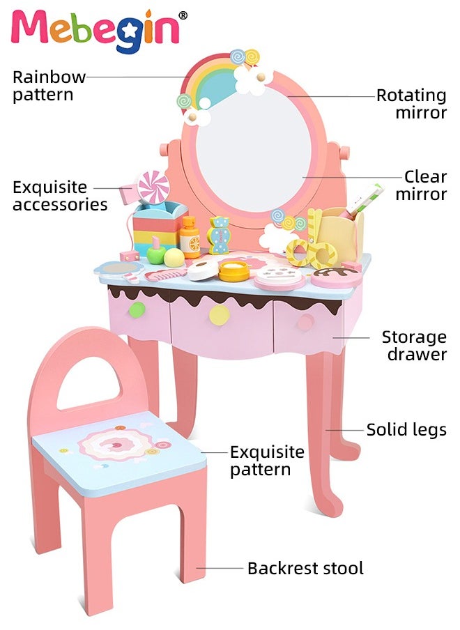 Kids Vanity Set,Table Chair Vanity Set with Mirror includes 10 pcs Multiple Make Up Accessories, Makeup Dressing Table with Storage Drawer, Pretend Play Vanity Set for Girls Birthday Gift,Pink