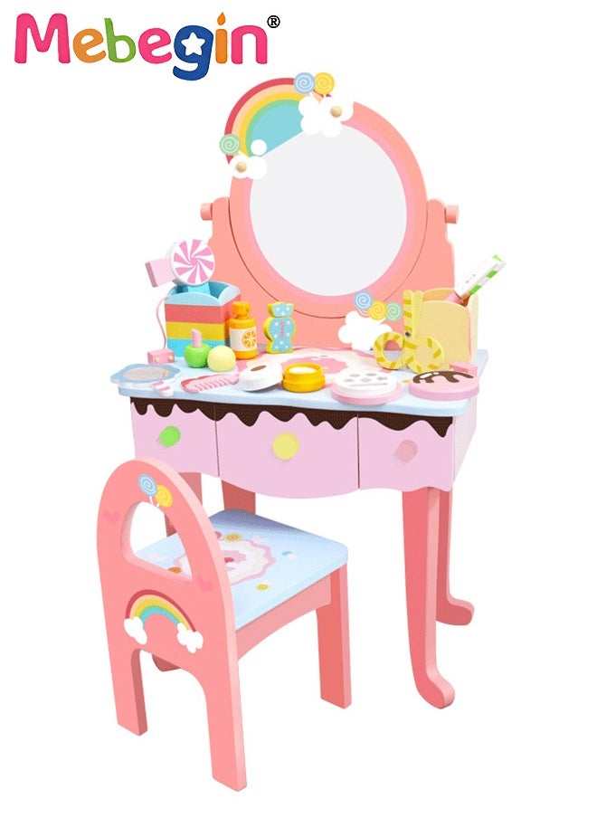 Kids Vanity Set,Table Chair Vanity Set with Mirror includes 10 pcs Multiple Make Up Accessories, Makeup Dressing Table with Storage Drawer, Pretend Play Vanity Set for Girls Birthday Gift,Pink