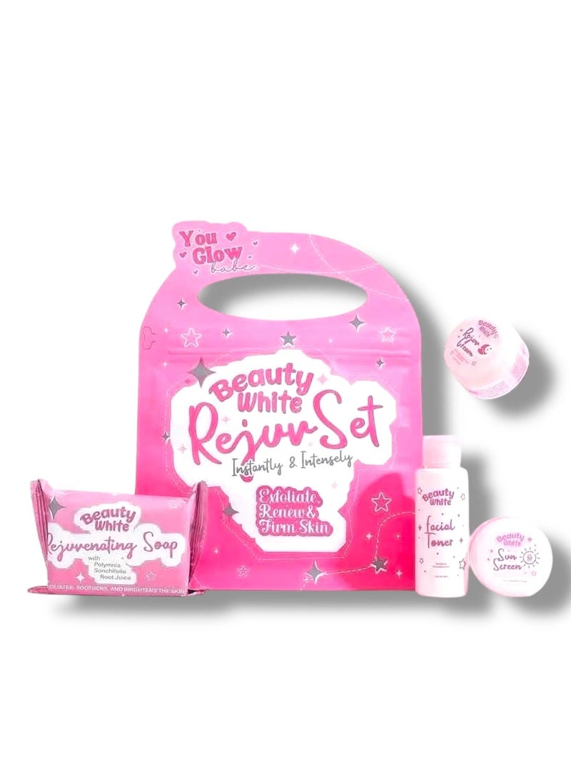 Beauty White Rejuvenating Set – Includes 135g Soap, 60ml Facial Toner, 10g Rejuvenating Cream & 10g Sunscreen for Exfoliation, Renewal & Brightening