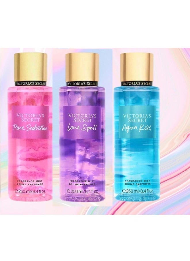 Pack of 3 Body Mist Pure Seduction, Love Spell and Aqua K**s 250ml Each