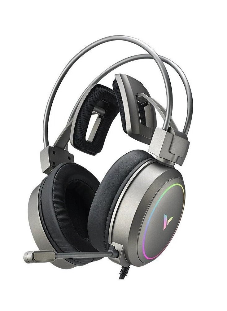 Vh610 Gaming 7.1 Virtual Surround Sound Integrated Line Control Graphene RGB LED Light Headphone Silver