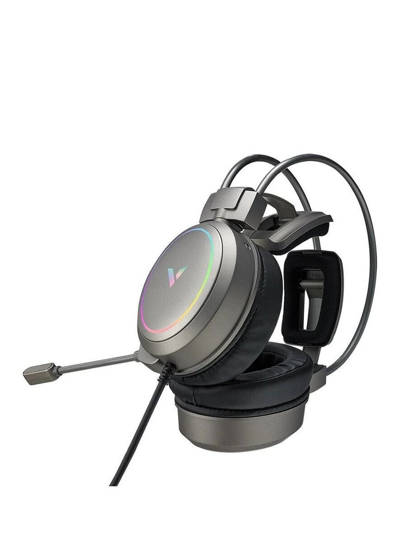 Vh610 Gaming 7.1 Virtual Surround Sound Integrated Line Control Graphene RGB LED Light Headphone Silver