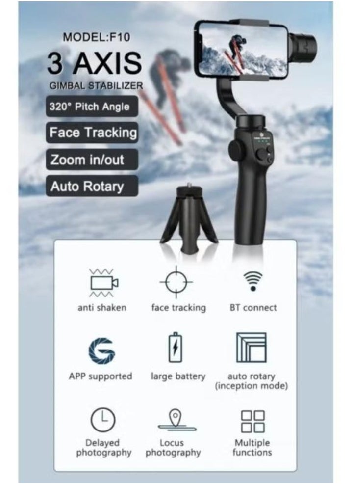 Gimbal F10 3-Axis Stabilizer Tripod for Smartphone – Smooth Video Recording, Easy Setup, Professional Stability, Adjustable Angles, Built-In Bluetooth, Perfect for Vlogging, Live Streaming, and Photography.