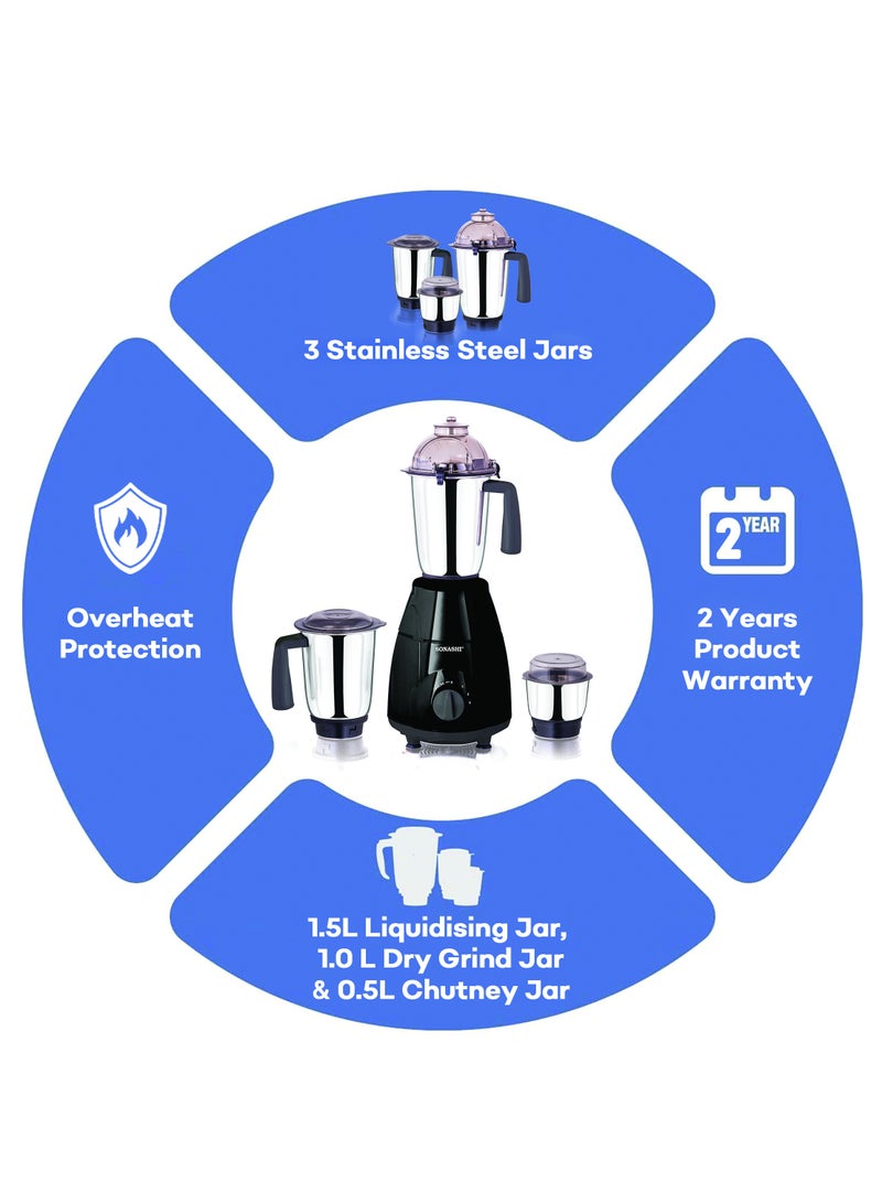 3-in-1 Mixer Grinder - Powerful Motor with 3 Speed Setting and Pulse | Sleek and Stainless Steel Jars with Leak Proof Lid | Perfect for making Smoothies, Milkshakes, and Grinding Beans, Coconut, Nuts, Etc 1.5 L 750 W SB-151SS Black
