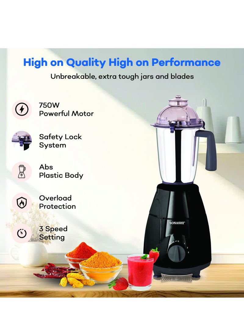 3-in-1 Mixer Grinder - Powerful Motor with 3 Speed Setting and Pulse | Sleek and Stainless Steel Jars with Leak Proof Lid | Perfect for making Smoothies, Milkshakes, and Grinding Beans, Coconut, Nuts, Etc 1.5 L 750 W SB-151SS Black