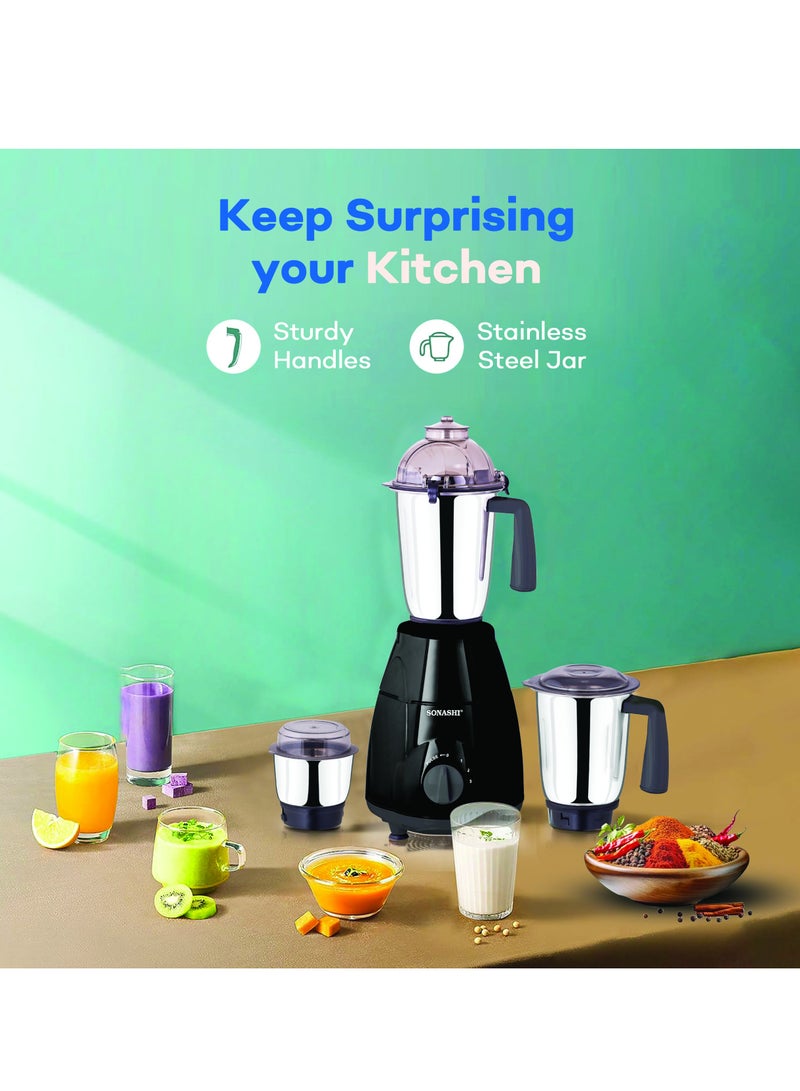 3-in-1 Mixer Grinder - Powerful Motor with 3 Speed Setting and Pulse | Sleek and Stainless Steel Jars with Leak Proof Lid | Perfect for making Smoothies, Milkshakes, and Grinding Beans, Coconut, Nuts, Etc 1.5 L 750 W SB-151SS Black