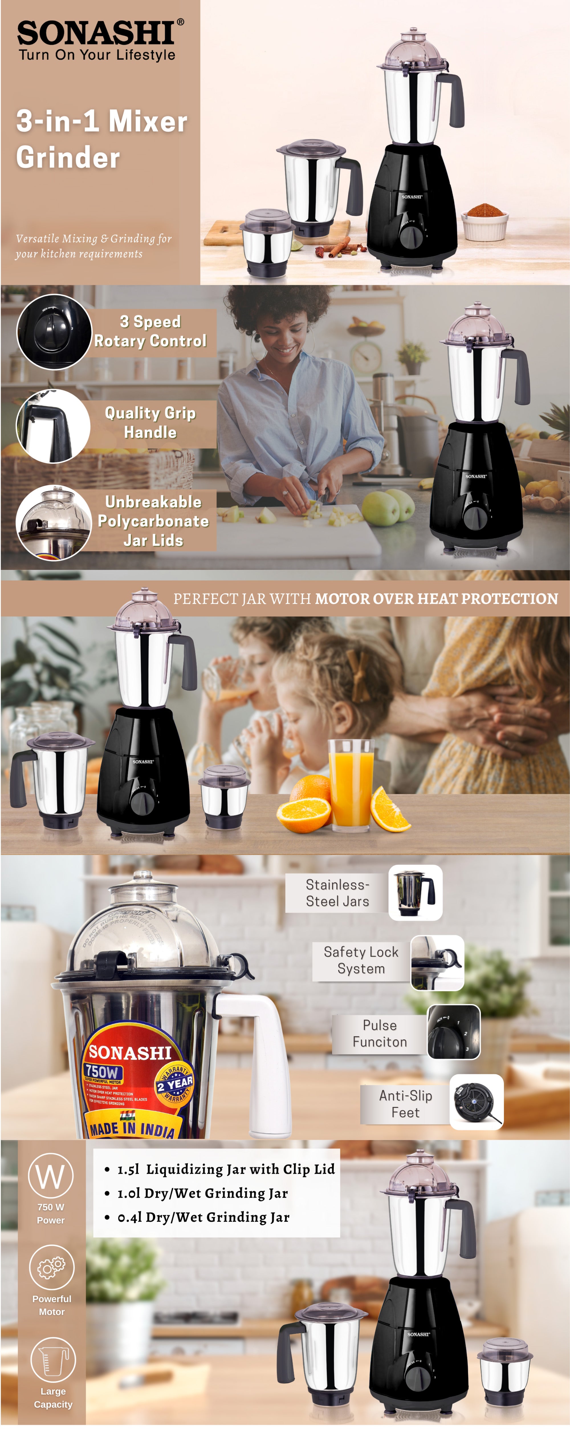 3-in-1 Mixer Grinder - Powerful Motor with 3 Speed Setting and Pulse | Sleek and Stainless Steel Jars with Leak Proof Lid | Perfect for making Smoothies, Milkshakes, and Grinding Beans, Coconut, Nuts, Etc 1.5 L 750 W SB-151SS Black