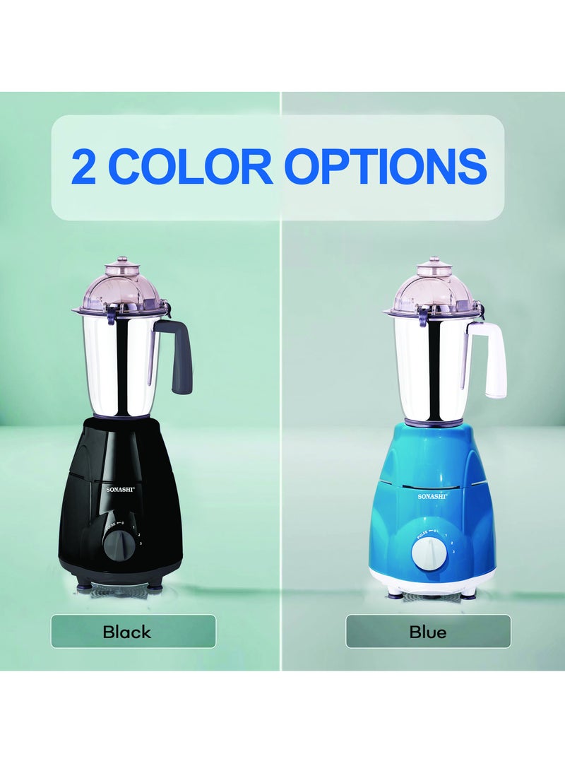 3-in-1 Mixer Grinder - Powerful Motor with 3 Speed Setting and Pulse | Sleek and Stainless Steel Jars with Leak Proof Lid | Perfect for making Smoothies, Milkshakes, and Grinding Beans, Coconut, Nuts, Etc 1.5 L 750 W SB-151SS Blue