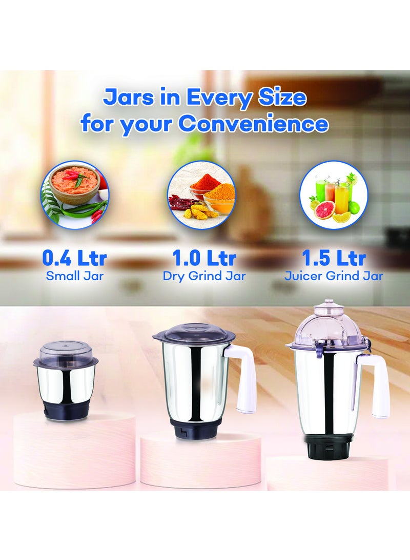 3-in-1 Mixer Grinder - Powerful Motor with 3 Speed Setting and Pulse | Sleek and Stainless Steel Jars with Leak Proof Lid | Perfect for making Smoothies, Milkshakes, and Grinding Beans, Coconut, Nuts, Etc 1.5 L 750 W SB-151SS Blue