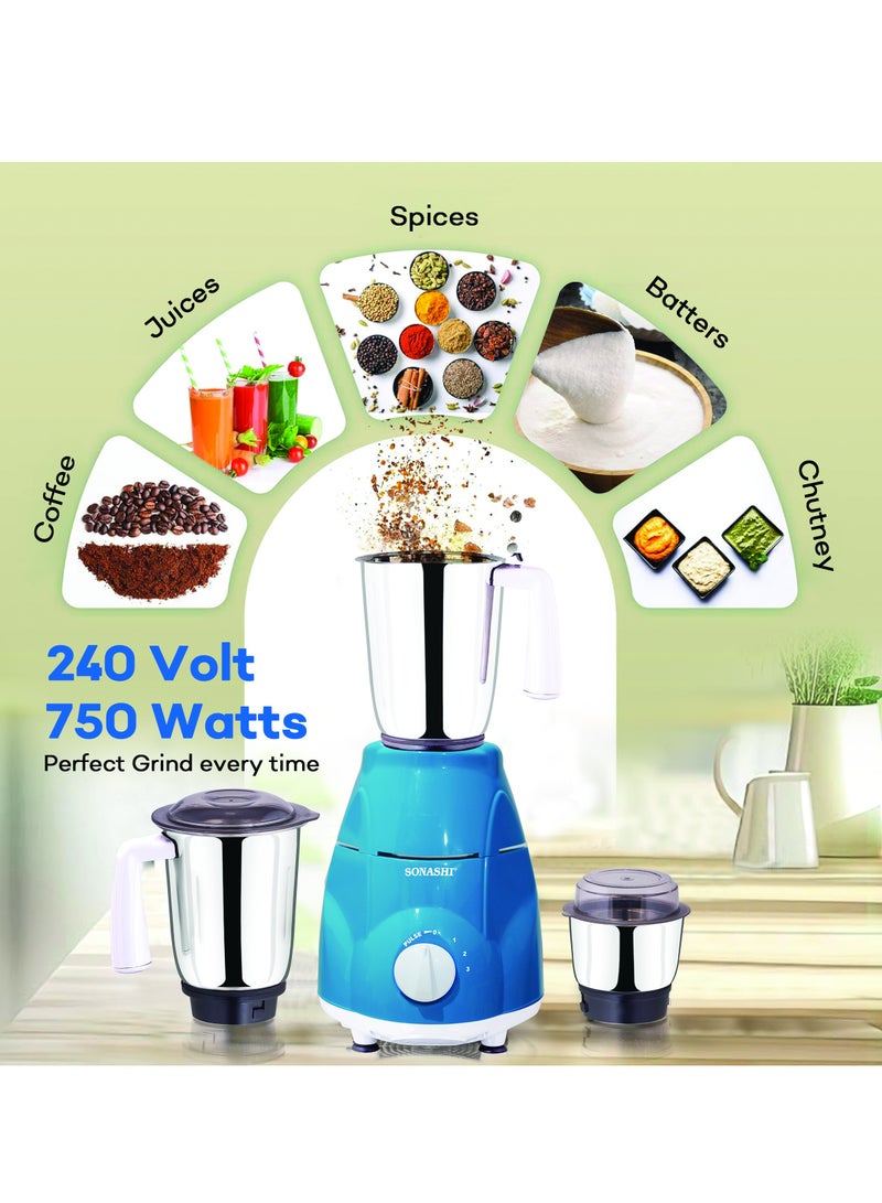 3-in-1 Mixer Grinder - Powerful Motor with 3 Speed Setting and Pulse | Sleek and Stainless Steel Jars with Leak Proof Lid | Perfect for making Smoothies, Milkshakes, and Grinding Beans, Coconut, Nuts, Etc 1.5 L 750 W SB-151SS Blue
