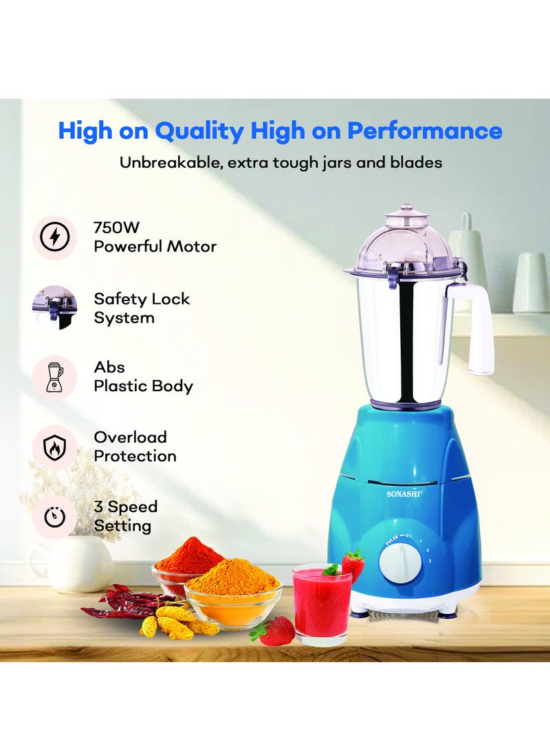 3-in-1 Mixer Grinder - Powerful Motor with 3 Speed Setting and Pulse | Sleek and Stainless Steel Jars with Leak Proof Lid | Perfect for making Smoothies, Milkshakes, and Grinding Beans, Coconut, Nuts, Etc 1.5 L 750 W SB-151SS Blue