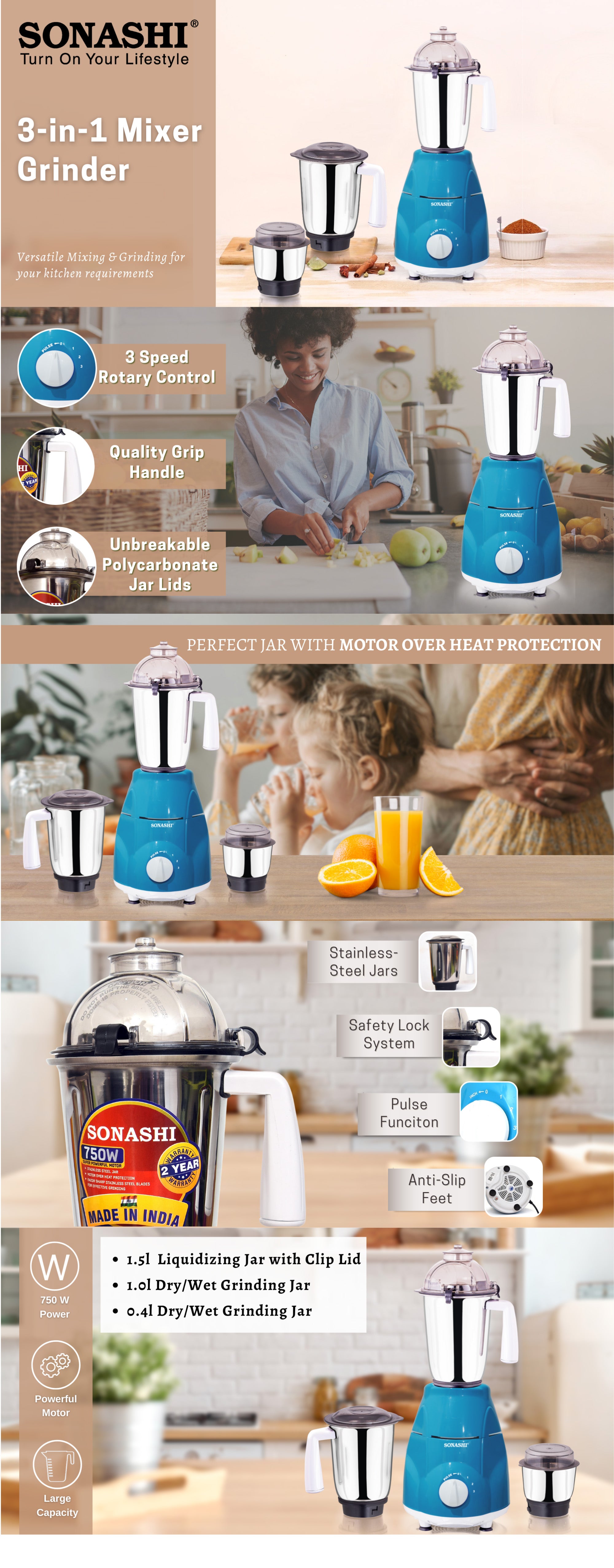 3-in-1 Mixer Grinder - Powerful Motor with 3 Speed Setting and Pulse | Sleek and Stainless Steel Jars with Leak Proof Lid | Perfect for making Smoothies, Milkshakes, and Grinding Beans, Coconut, Nuts, Etc 1.5 L 750 W SB-151SS Blue
