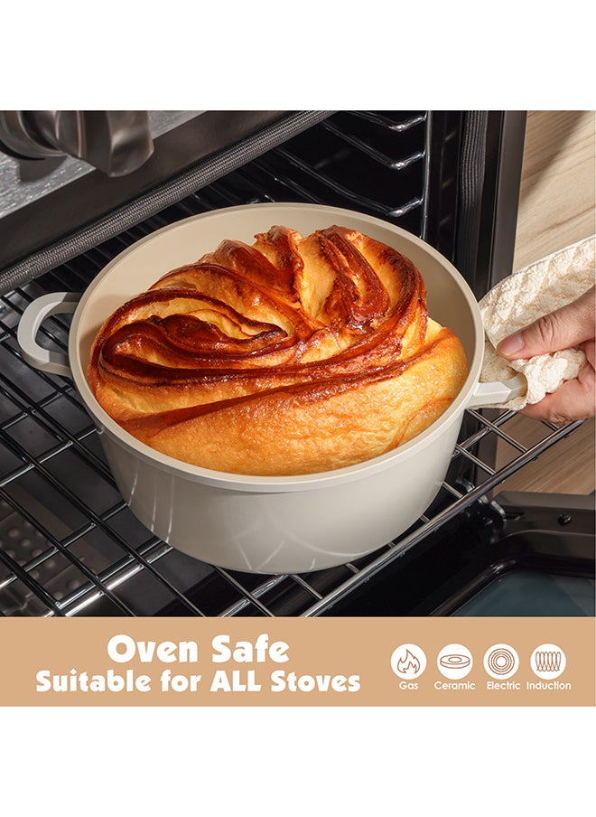 14 Piece Aluminum Cookware Set With Wooden Handles, Non-Stick, PFOA/PFOS/APEO Free, 1X24Cm Casserole With Lid, 1X20Cm Fry Pan, 1X24Cm Fry Pan, 1X28Cm Fry Pan With Lid, 1X18 Cm Sauce Pan With Lid, 2 Silicone Utensils, 4X Pan Protectors, Cream White