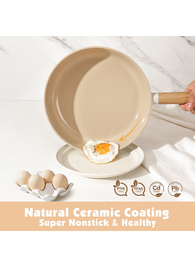14 Piece Aluminum Cookware Set With Wooden Handles, Non-Stick, PFOA/PFOS/APEO Free, 1X24Cm Casserole With Lid, 1X20Cm Fry Pan, 1X24Cm Fry Pan, 1X28Cm Fry Pan With Lid, 1X18 Cm Sauce Pan With Lid, 2 Silicone Utensils, 4X Pan Protectors, Cream White