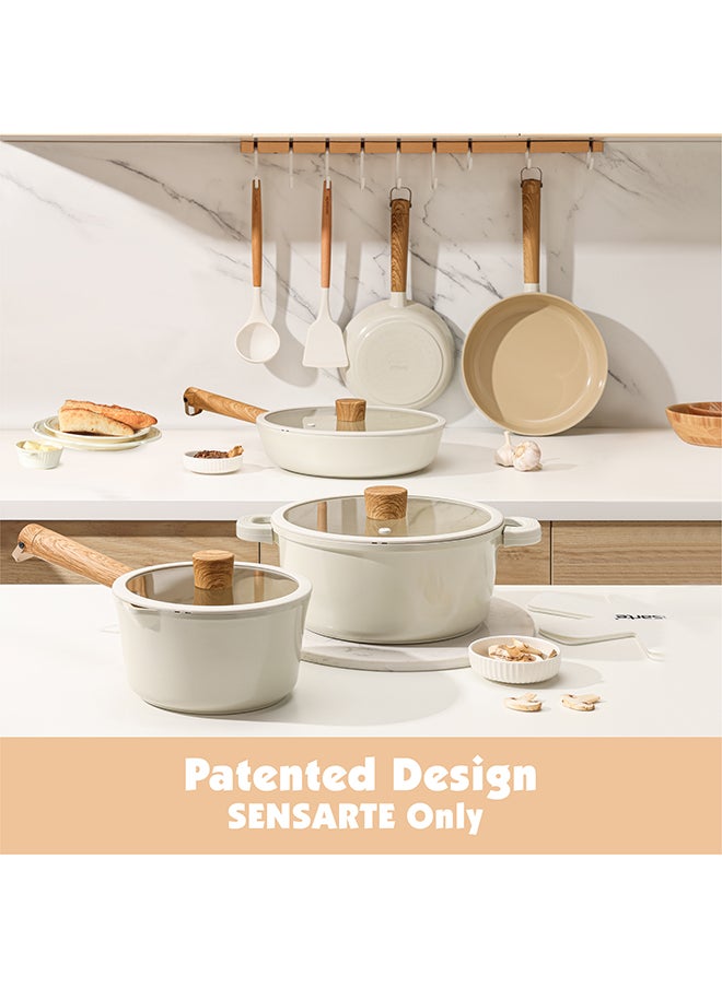 14 Piece Aluminum Cookware Set With Wooden Handles, Non-Stick, PFOA/PFOS/APEO Free, 1X24Cm Casserole With Lid, 1X20Cm Fry Pan, 1X24Cm Fry Pan, 1X28Cm Fry Pan With Lid, 1X18 Cm Sauce Pan With Lid, 2 Silicone Utensils, 4X Pan Protectors, Cream White