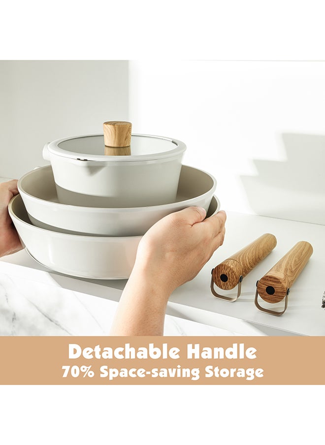 14 Piece Aluminum Cookware Set With Wooden Handles, Non-Stick, PFOA/PFOS/APEO Free, 1X24Cm Casserole With Lid, 1X20Cm Fry Pan, 1X24Cm Fry Pan, 1X28Cm Fry Pan With Lid, 1X18 Cm Sauce Pan With Lid, 2 Silicone Utensils, 4X Pan Protectors, Cream White