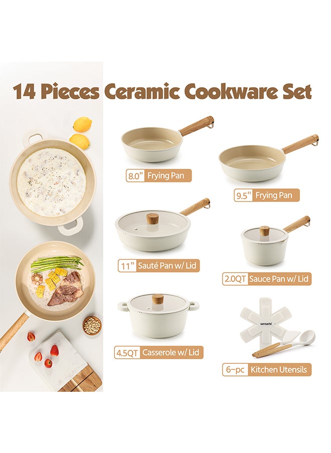 14 Piece Aluminum Cookware Set With Wooden Handles, Non-Stick, PFOA/PFOS/APEO Free, 1X24Cm Casserole With Lid, 1X20Cm Fry Pan, 1X24Cm Fry Pan, 1X28Cm Fry Pan With Lid, 1X18 Cm Sauce Pan With Lid, 2 Silicone Utensils, 4X Pan Protectors, Cream White