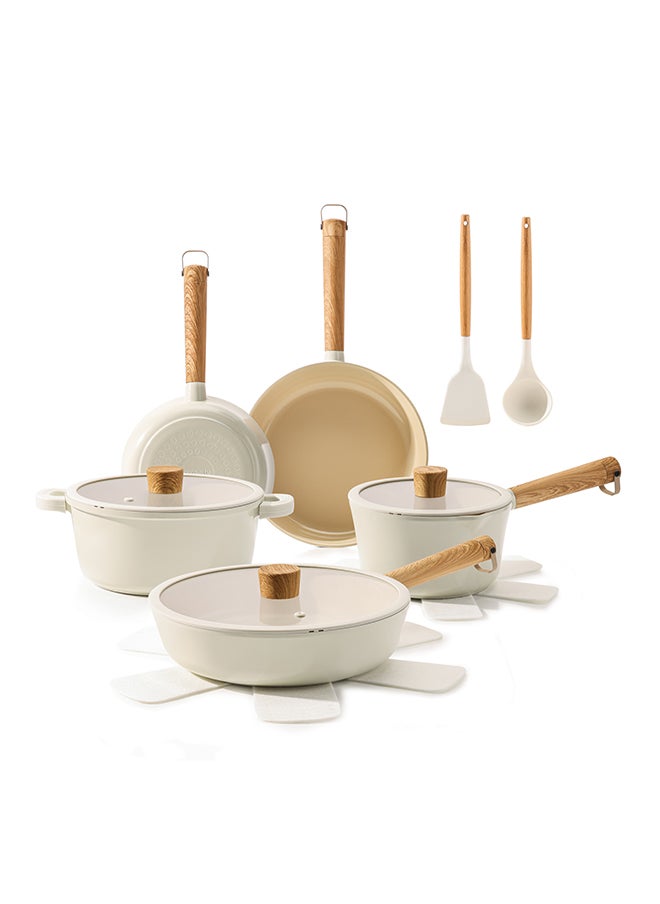 14 Piece Aluminum Cookware Set With Wooden Handles, Non-Stick, PFOA/PFOS/APEO Free, 1X24Cm Casserole With Lid, 1X20Cm Fry Pan, 1X24Cm Fry Pan, 1X28Cm Fry Pan With Lid, 1X18 Cm Sauce Pan With Lid, 2 Silicone Utensils, 4X Pan Protectors, Cream White