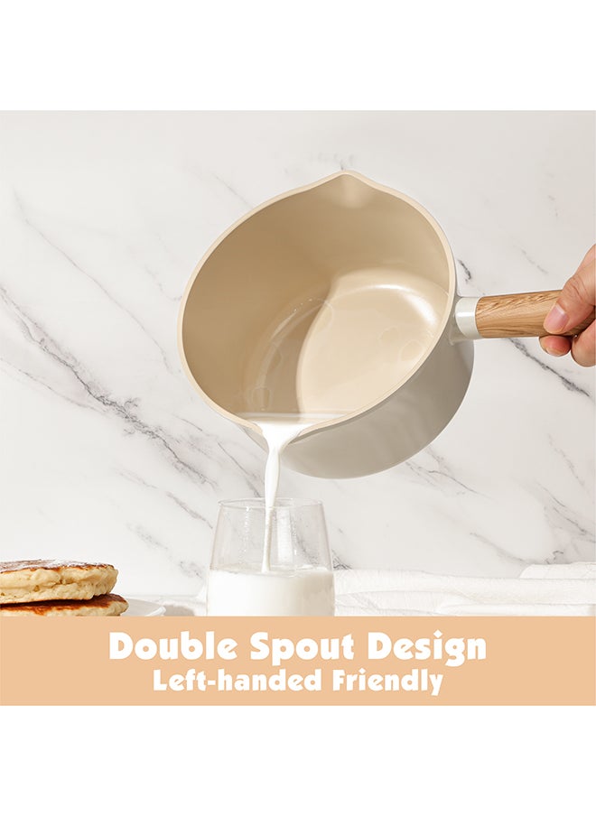 14 Piece Aluminum Cookware Set With Wooden Handles, Non-Stick, PFOA/PFOS/APEO Free, 1X24Cm Casserole With Lid, 1X20Cm Fry Pan, 1X24Cm Fry Pan, 1X28Cm Fry Pan With Lid, 1X18 Cm Sauce Pan With Lid, 2 Silicone Utensils, 4X Pan Protectors, Cream White