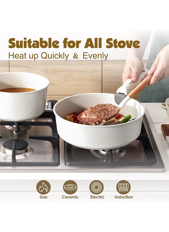 9 Piece Detachable Swiss Granite Coating Cookware Set, Non-Stick, PFOA/PFOS/APEO Free, 1X26Cm Frying Pan With Lid, 1X20Cm Sauce Pan With Lid, 1X28Cm Grill Pan, 2 Xstorage Mats, 1 Spatula, 1 Handle - White