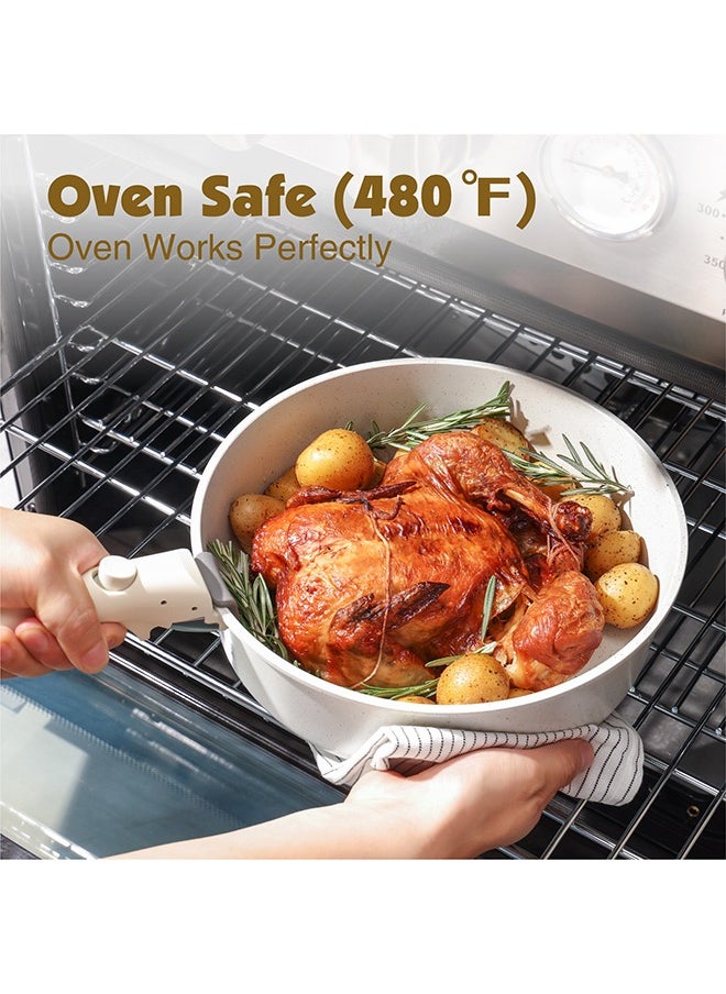9 Piece Detachable Swiss Granite Coating Cookware Set, Non-Stick, PFOA/PFOS/APEO Free, 1X26Cm Frying Pan With Lid, 1X20Cm Sauce Pan With Lid, 1X28Cm Grill Pan, 2 Xstorage Mats, 1 Spatula, 1 Handle - White