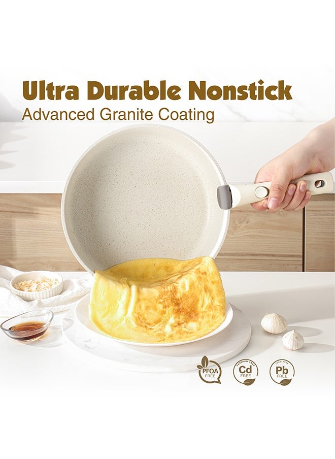 9 Piece Detachable Swiss Granite Coating Cookware Set, Non-Stick, PFOA/PFOS/APEO Free, 1X26Cm Frying Pan With Lid, 1X20Cm Sauce Pan With Lid, 1X28Cm Grill Pan, 2 Xstorage Mats, 1 Spatula, 1 Handle - White