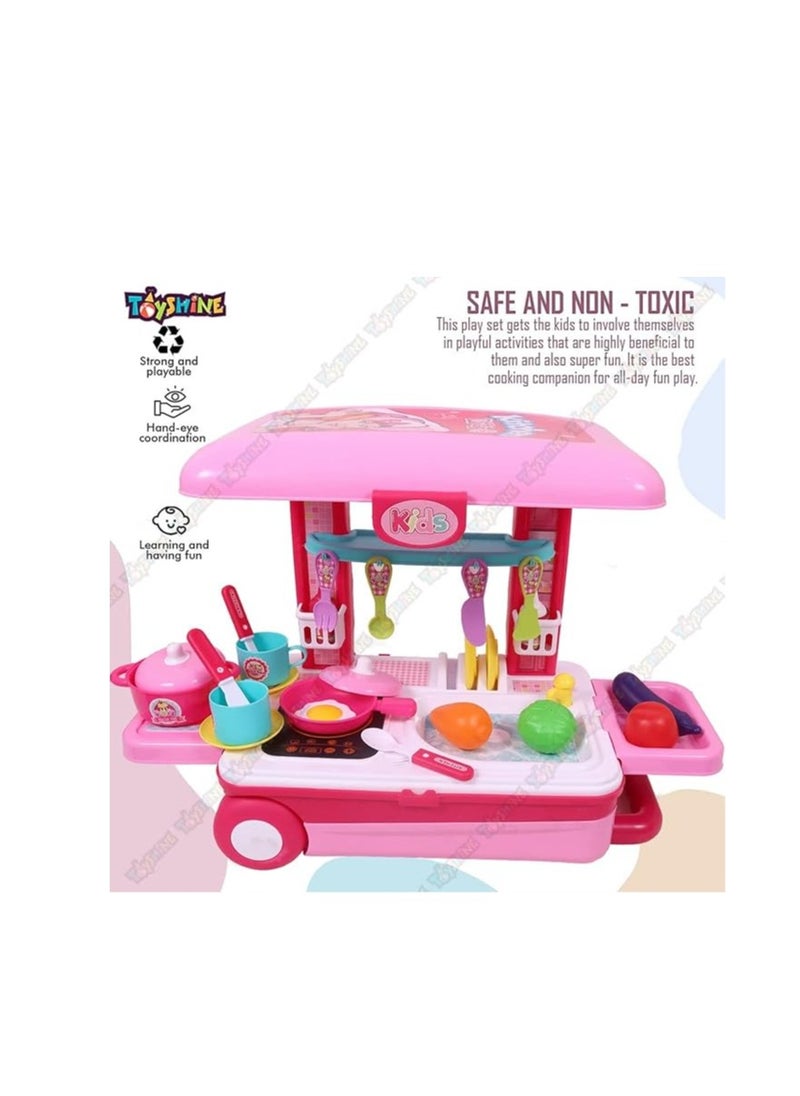 Toy Mall 2 in1 Little Chef Trolley Kitchen Play Toy Set for Girls with Music & Light for Kids, Pink