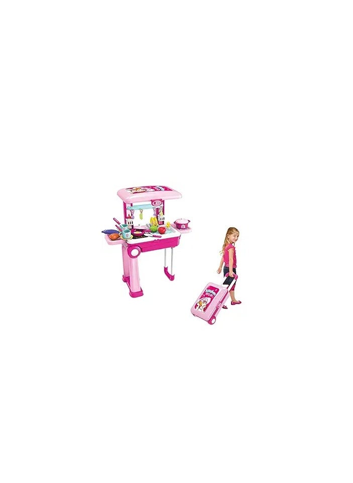 Toy Mall 2 in1 Little Chef Trolley Kitchen Play Toy Set for Girls with Music & Light for Kids, Pink