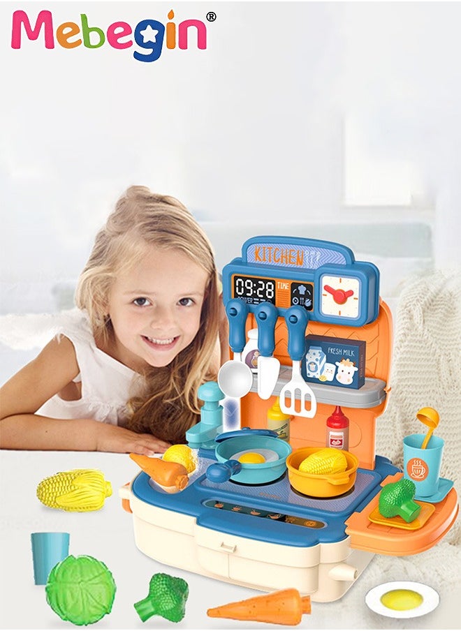 34Pcs Kitchen Playset, Portable Kitchen Toys Backpack, Pretend Role Play Toys with Rich Kitchen Accessories, Creative Play House toys Kit, Fun Educational Toys, Easy to Assemble, Ideal Gifts for Kids