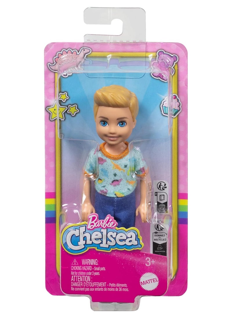 Barbie Chelsea Doll, Small Boy Doll Wearing Removable One-Piece with Dinosaur Print & White Shoes, Blond Hair & Blue Eyes