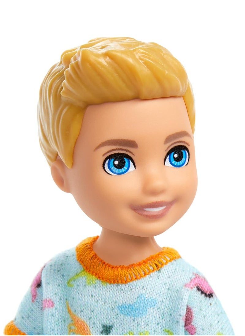 Barbie Chelsea Doll, Small Boy Doll Wearing Removable One-Piece with Dinosaur Print & White Shoes, Blond Hair & Blue Eyes