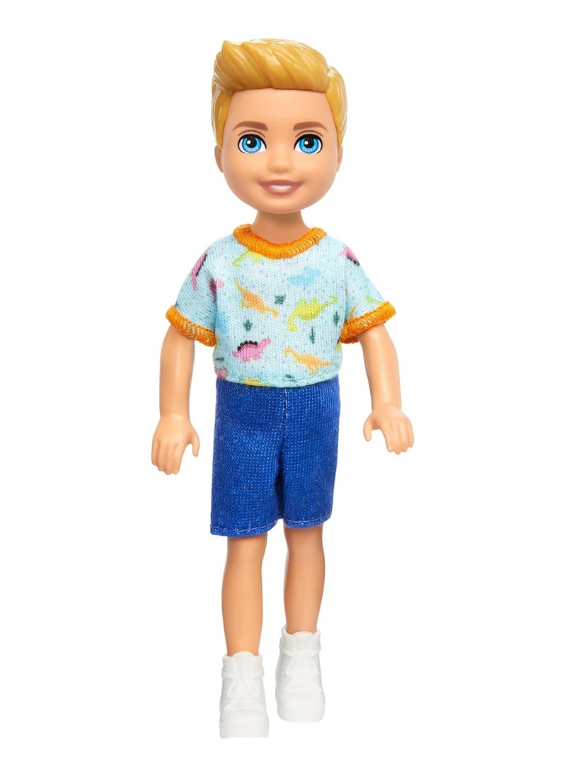 Barbie Chelsea Doll, Small Boy Doll Wearing Removable One-Piece with Dinosaur Print & White Shoes, Blond Hair & Blue Eyes