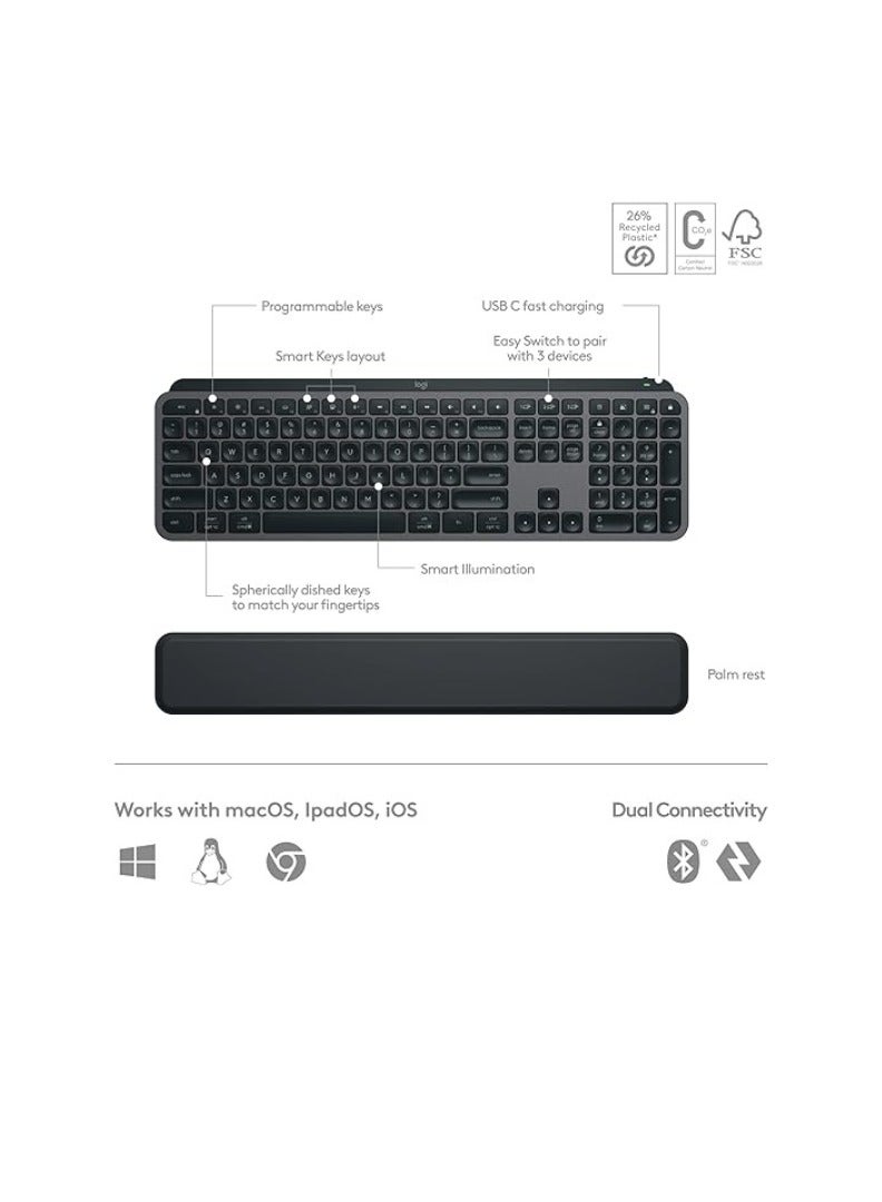 MX Keys S Combo - Performance Wireless Keyboard and Mouse with Palm Rest, Customizable Illumination, Fast Scrolling, Bluetooth, USB C, for Windows, Linux, Chrome, Mac - Graphite, US ENG  Layout Graphite