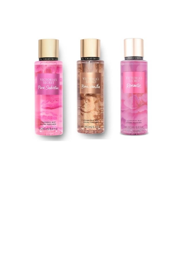 Pack of 3 Body Mist Pure Seduction, Bare Vanilla and Romantic 250ml Each