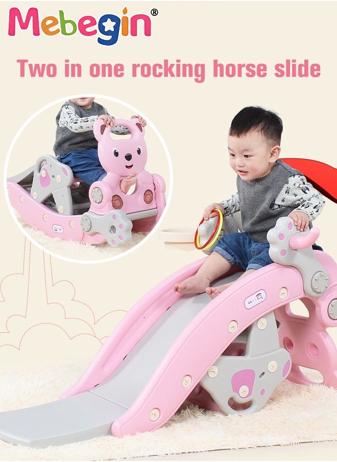 2 in 1 Foldable Slide with Basketball Hoop and Extra Long Slide Slope, Freestanding Baby Slide Climber Playset Toys, Can Transform into Rocking Horse, Indoor and Outdoor Use, 104*36*56cm