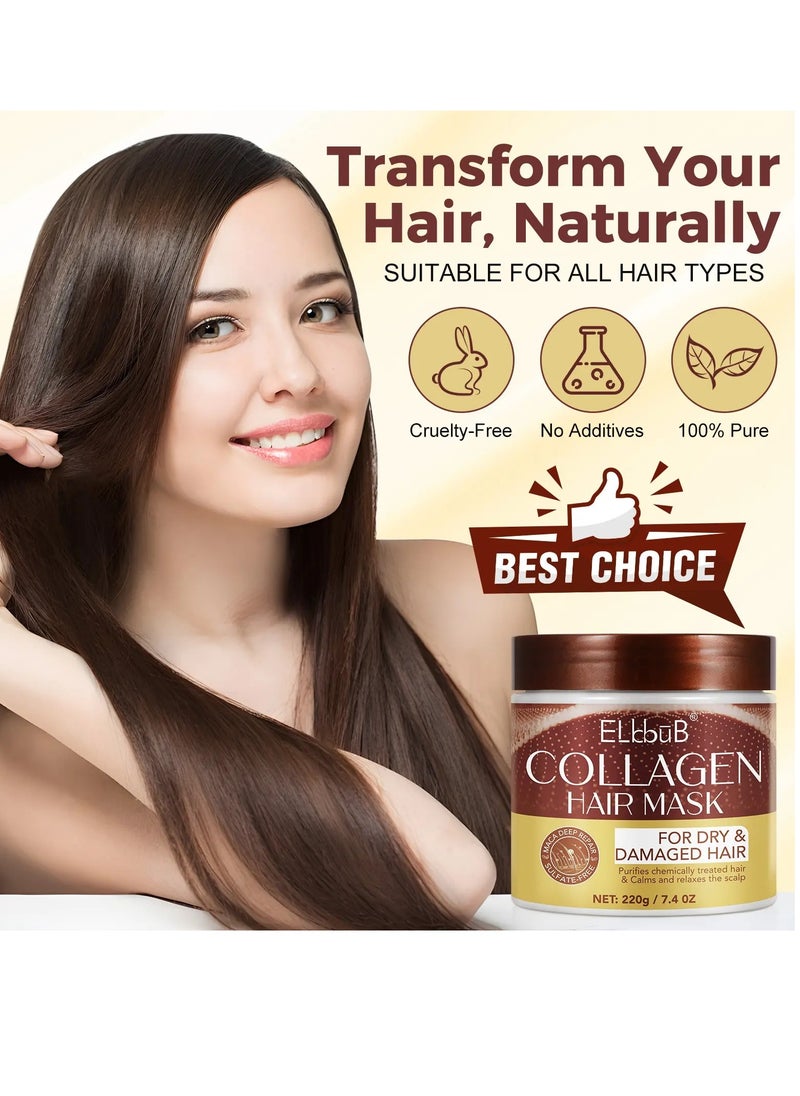 220g Collagen Hair Mask Maca Essence Repair Collagen Hair Treatment Masks with Avocado Oil Collagen Deep Conditioning Hair Mask for Dry and Damaged Color Treated Hair Deep Repair Moisturizing Hair Mask