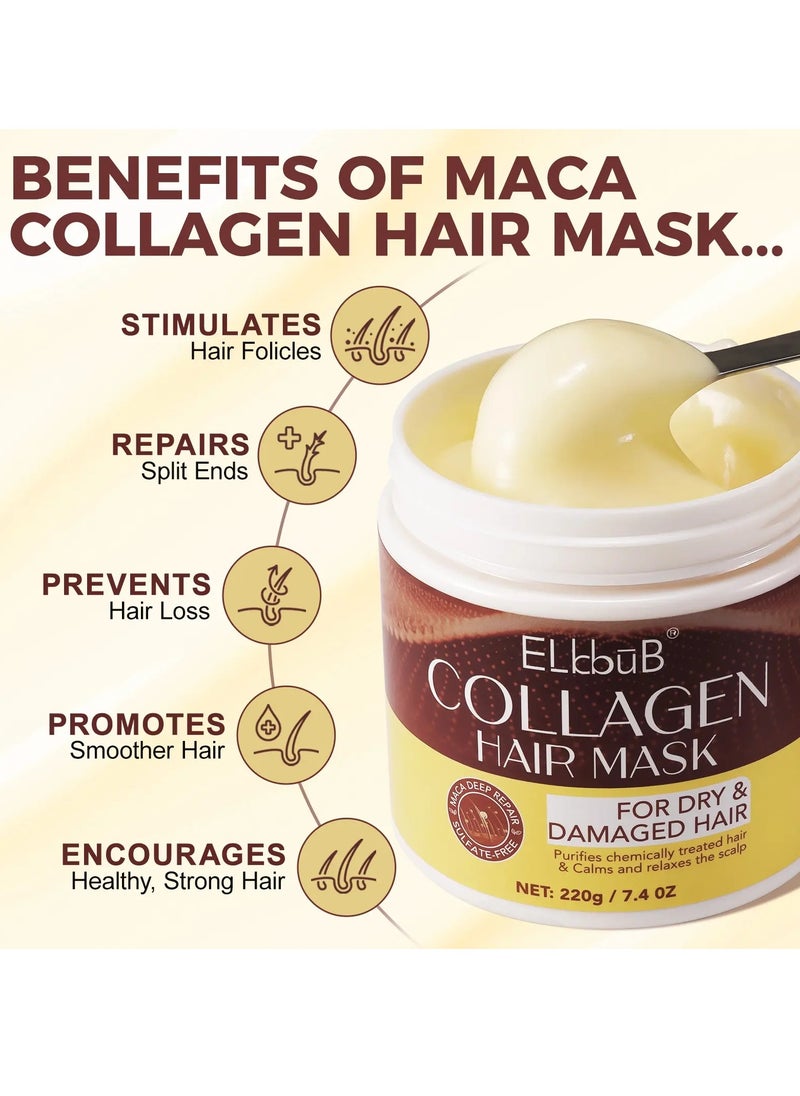 220g Collagen Hair Mask Maca Essence Repair Collagen Hair Treatment Masks with Avocado Oil Collagen Deep Conditioning Hair Mask for Dry and Damaged Color Treated Hair Deep Repair Moisturizing Hair Mask