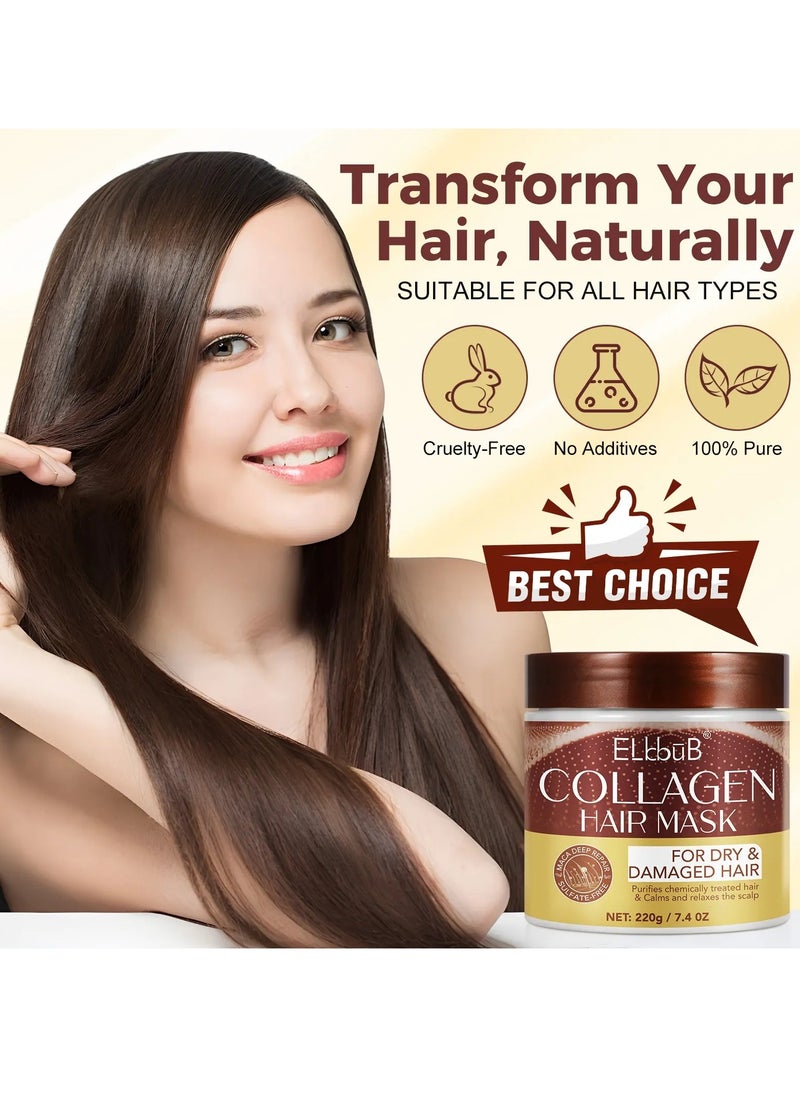 220g Collagen Hair Mask Maca Essence Repair Collagen Hair Treatment Masks with Avocado Oil Collagen Deep Conditioning Hair Mask for Dry and Damaged Color Treated Hair Deep Repair Moisturizing Hair Mask