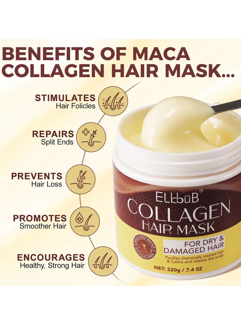 220g Collagen Hair Mask Maca Essence Repair Collagen Hair Treatment Masks with Avocado Oil Collagen Deep Conditioning Hair Mask for Dry and Damaged Color Treated Hair Deep Repair Moisturizing Hair Mask