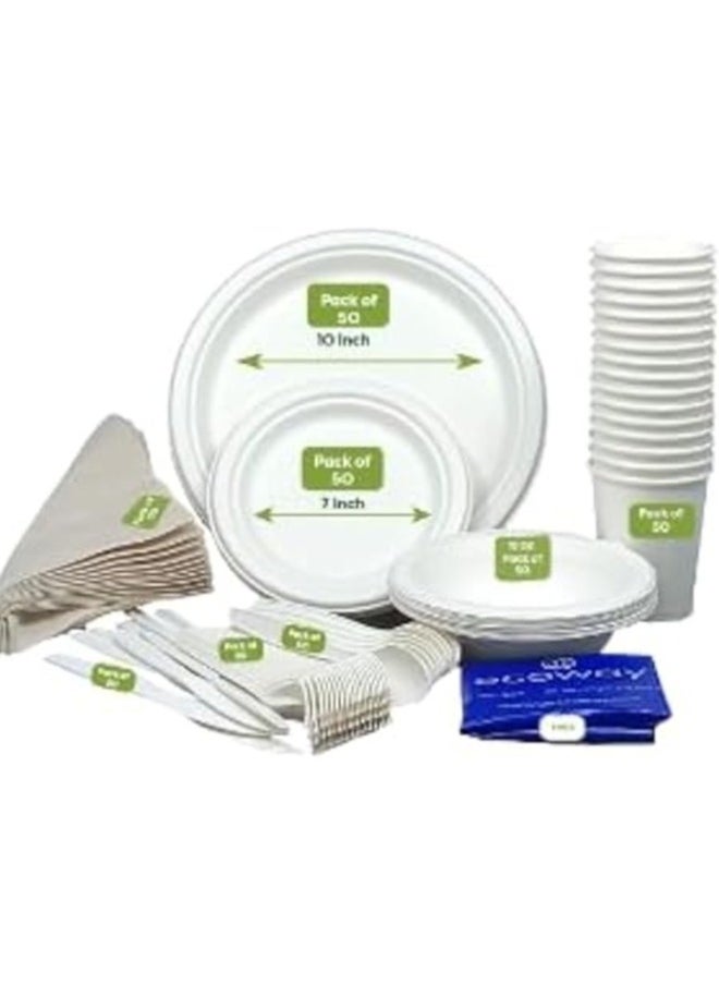 Ecoway Pack Of 50 Disposable Bagasse Plates Set, Compostable Party Supplies, Biodegradable Dinnerware Include Dinner & Cutlery Set, Utensils for Party, Picnic