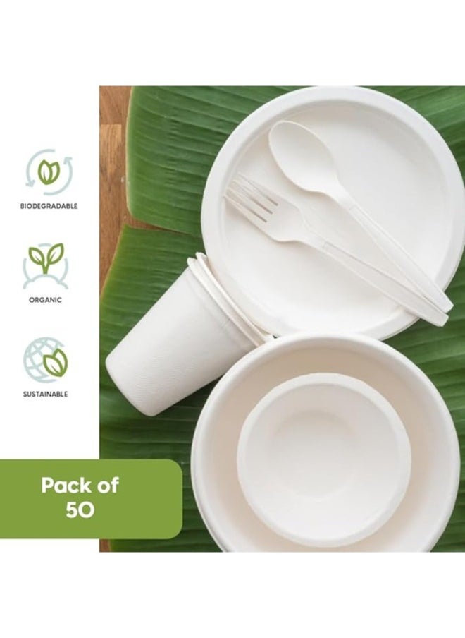 Ecoway Pack Of 50 Disposable Bagasse Plates Set, Compostable Party Supplies, Biodegradable Dinnerware Include Dinner & Cutlery Set, Utensils for Party, Picnic