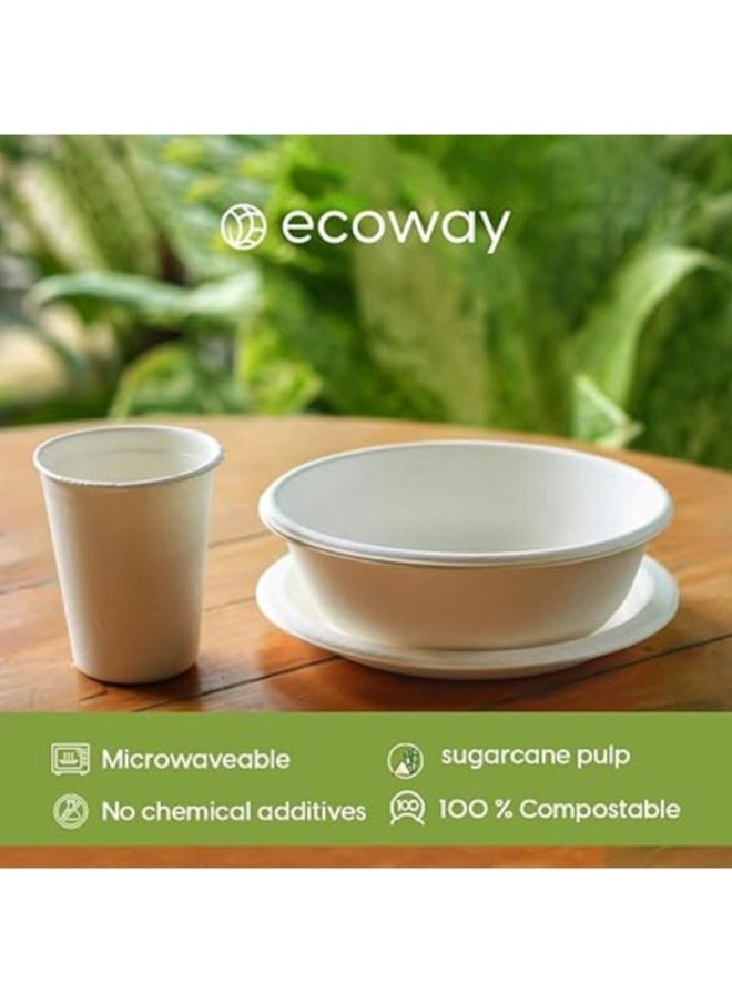 Ecoway Pack Of 50 Disposable Bagasse Plates Set, Compostable Party Supplies, Biodegradable Dinnerware Include Dinner & Cutlery Set, Utensils for Party, Picnic