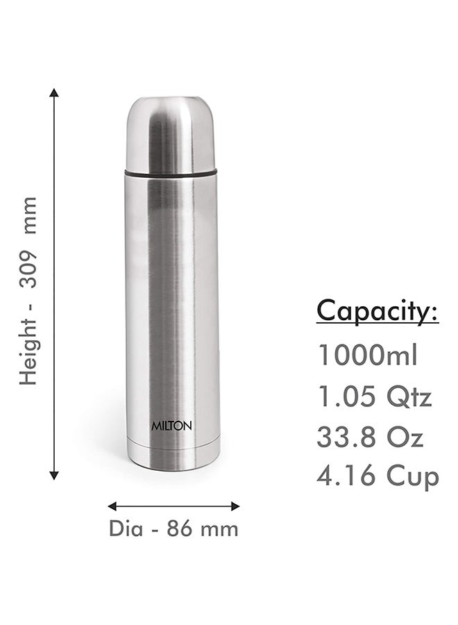 1000ml Thermosteel Flask with Jacket, Keeps Drinks Hot and Cold for 24 Hours, 18/8 Stainless Steel, Double-Walled Vacuum Insulated Water Bottle with Inner Copper Coating - Plain Lid Silver