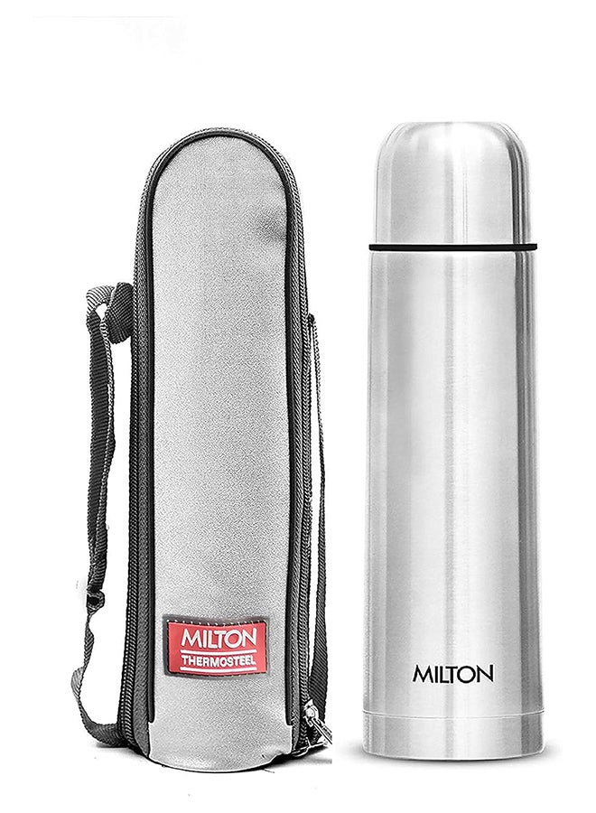1000ml Thermosteel Flask with Jacket, Keeps Drinks Hot and Cold for 24 Hours, 18/8 Stainless Steel, Double-Walled Vacuum Insulated Water Bottle with Inner Copper Coating - Plain Lid Silver