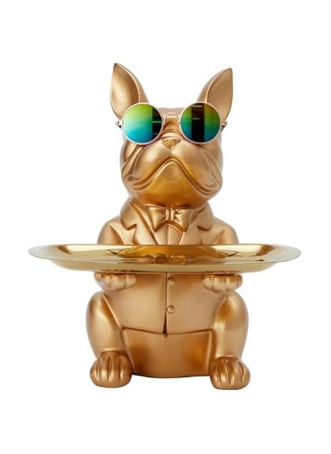 Resin Bulldog Statue Decor with Tray, Entrance Decor Tray Place Keys, Table Decor Place Jewelry and Candies Office Living Room Decoration to Attract Wealth (Gold)